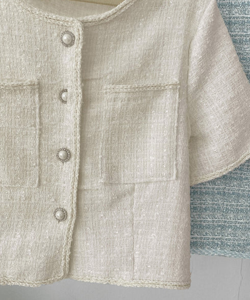 ツイード風ジャケットノーカラージャケット レディース パールボタン オフィス夏服 ショート丈アウター フォーマル カーディガン きれいめ羽織り サマージャケット夏 86SSJL-022